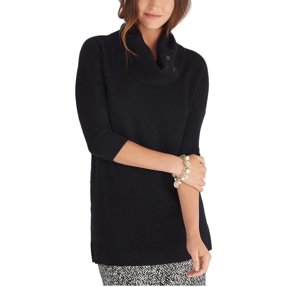 WHBM Black Sweater Tunic Split Neck Cowl Neck Elbow Sleeve Cute Comfy XS $89 EUC